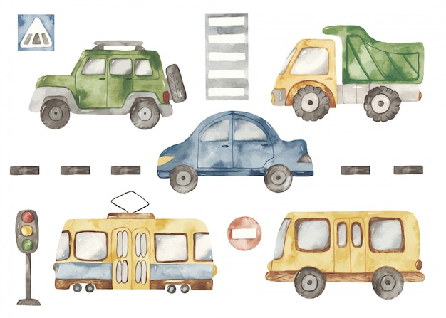 Cute cartoon urban transport in watercolor style set