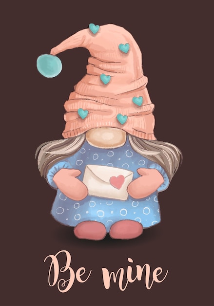 Cute cartoon valentine gnome girl holding a love letter