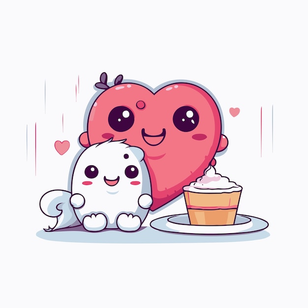 Vector cute cartoon valentines day vector illustration with heart and cupcake