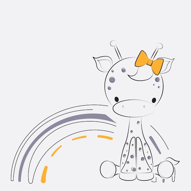 Vector cute cartoon vector giraffe character and rainbow poster outline style