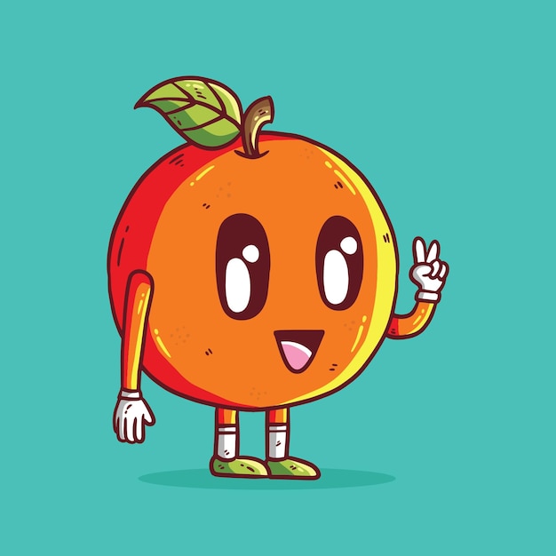 Vector cute cartoon vector illustration of orange fruit in peace hand gesture