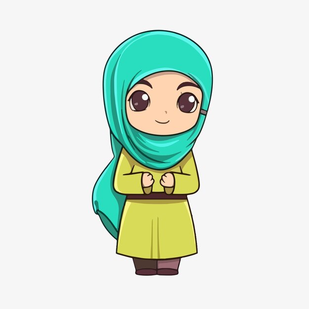 Cute cartoon vector of a Muslim woman wearing a hijab for Eid al Adha and Eid al Fitr flat style