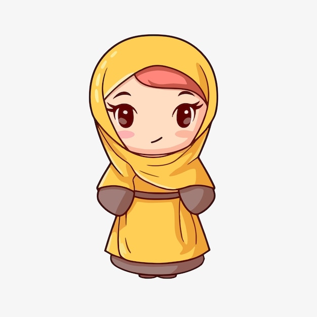 Cute cartoon vector of a Muslim woman wearing a hijab for Eid al Adha and Eid al Fitr flat style