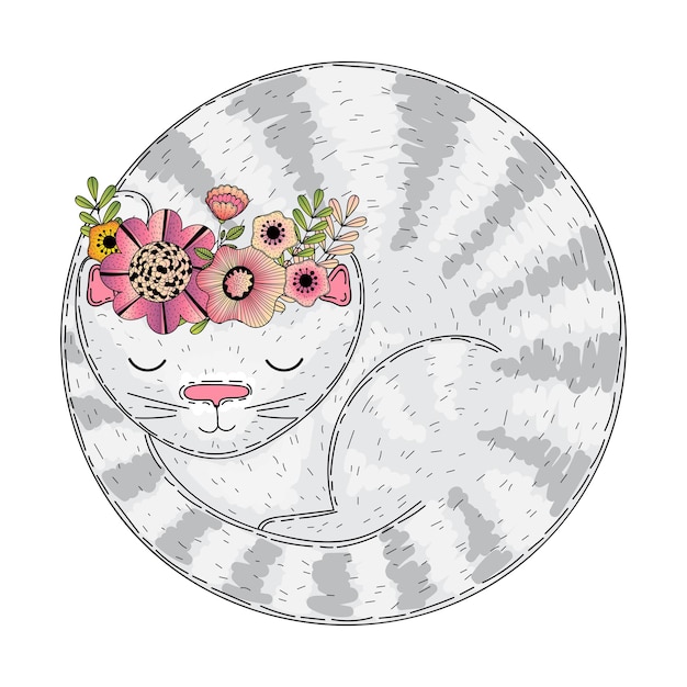 Vector cute cartoon vector sleeping cat flowers and leaves isolated on white background