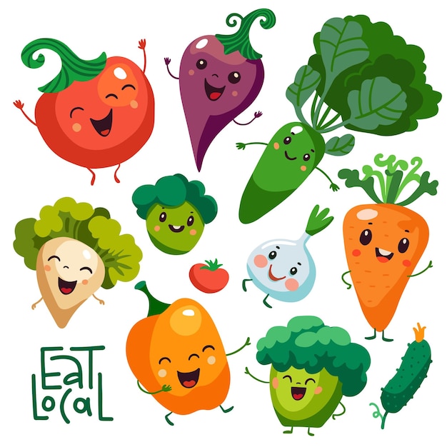 Simpatici personaggi vegetali dei cartoni animati impostano volti kawaii di radici carota broccoli pomodoro pepe per bambini v