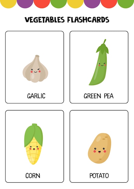 Cute cartoon vegetables with names flashcards for children