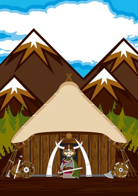  Cute Cartoon Viking Warrior at Homestead Norse History Illustration