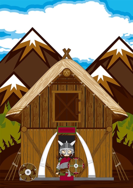 Cute Cartoon Viking Warrior with Axe Outside Thatched Wooden Hut Norse History Illustration