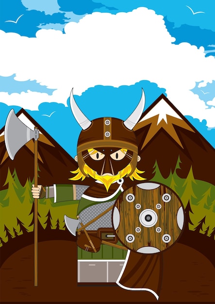 Cute Cartoon Viking Warrior with Shield and Axe Norse History Illustration