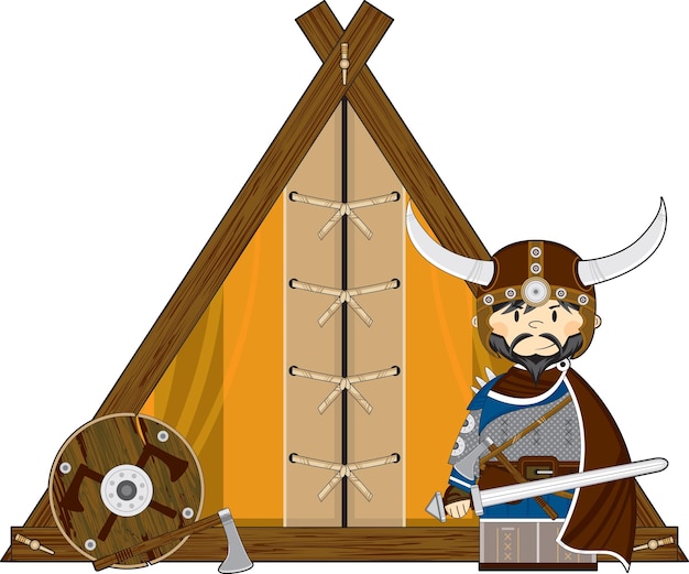 Вектор Симпатичный мультяшный воин-викинг с мечом и палаткой, иллюстрация к скандинавской истории