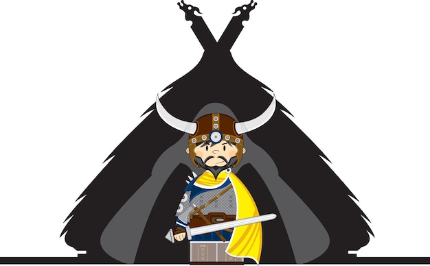 Cute Cartoon Viking Warrior with Sword at Homestead Norse History Illustration