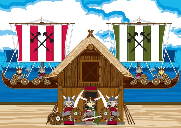 Longboats 북유럽 역사 일러스트와 함께 해변에 귀여운 만화 바이킹 전사