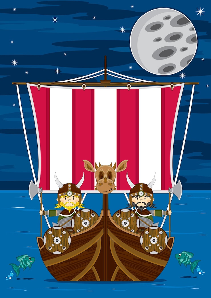 Vector cute cartoon viking warriors on longboat norse history illustration