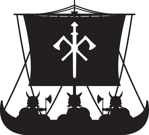 Vettore cute cartoon vikings e longboat in silhouette storia norrena illustrazione