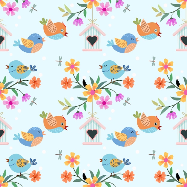 Vector cute cartoon vogel en bloemen patroon.