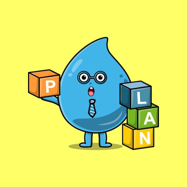 Cute cartoon water drop businessman stacking plan box in flat modern style design