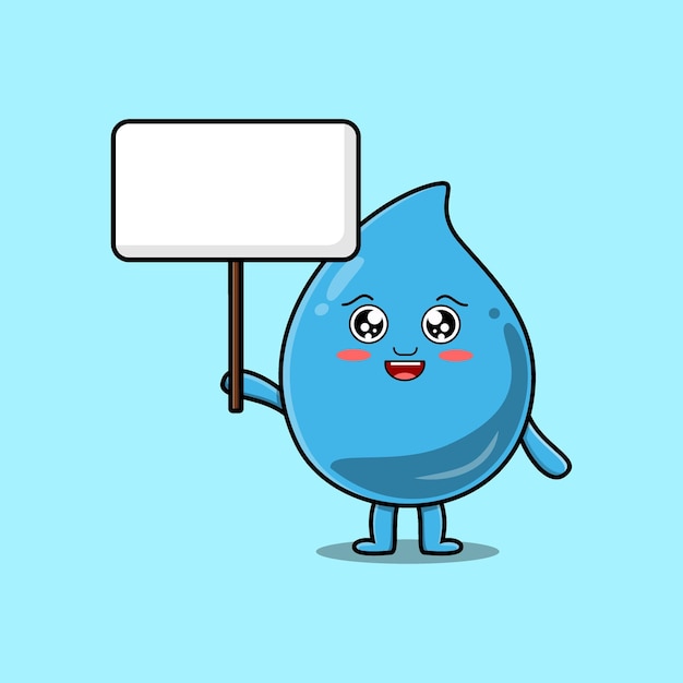 Cute cartoon water drop character holding blank board in vector cartoon style illustration