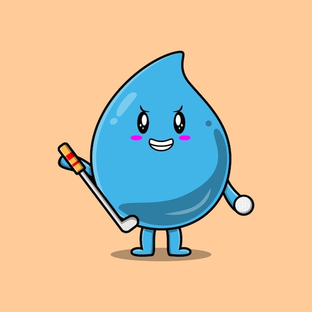 Cute cartoon water drop character playing golf in concept flat cartoon style illustration