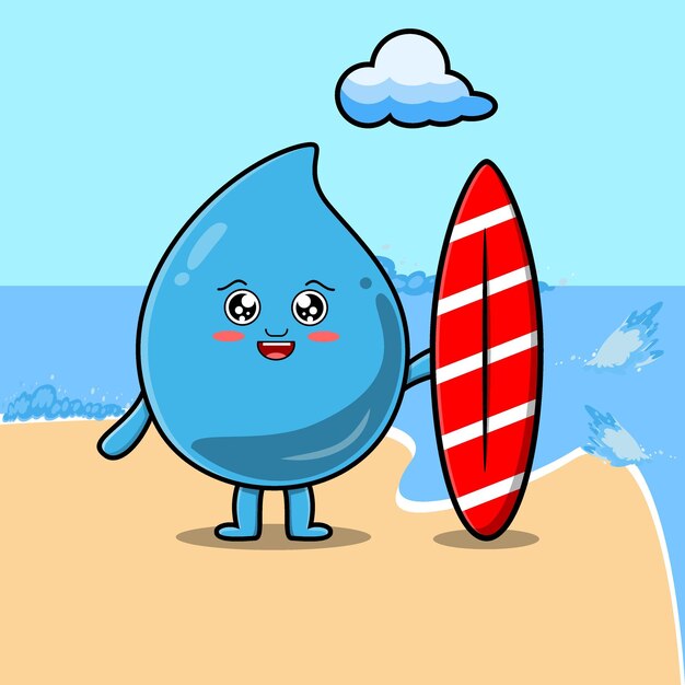 Симпатичный мультяшный персонаж капли воды, играющий в серфинг с доской для серфинга на плоской иллюстрации шаржа