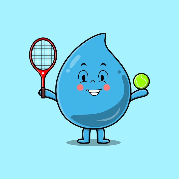 Симпатичный мультяшный персонаж капли воды, играющий в теннис на концептуальном плоском мультяшном стиле иллюстрации