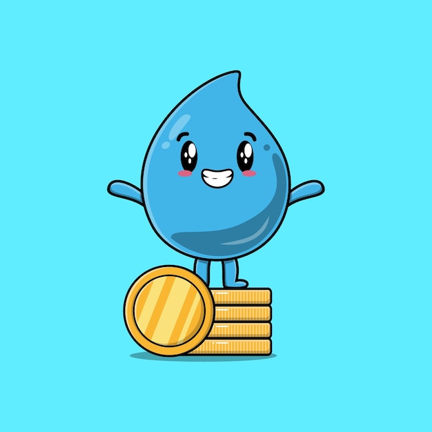 Cute cartoon water drop character standing in stacked gold coin vector illustration