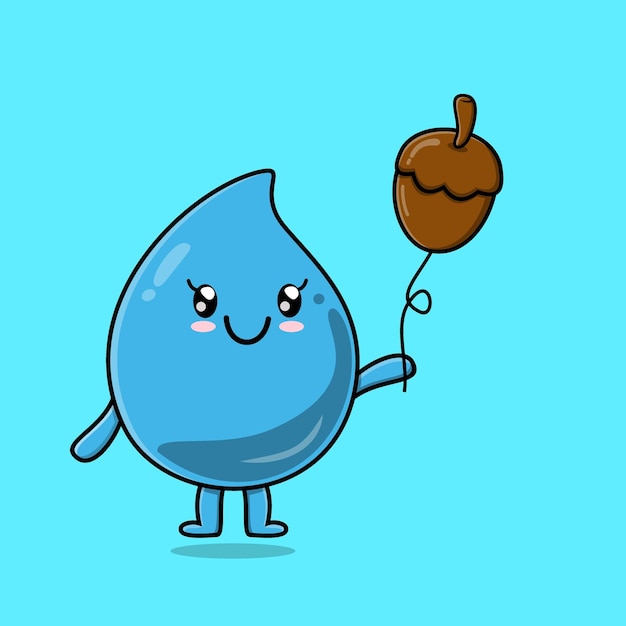 Cute cartoon water drop floating with acorn balloon cartoon vector illustration