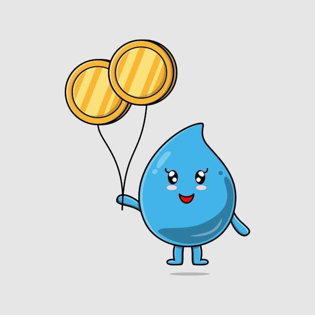 Cute cartoon water drop floating with gold coin balloon cartoon vector illustration