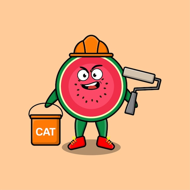 Vector cute cartoon watermelon as a builder character painting in 3d modern style design