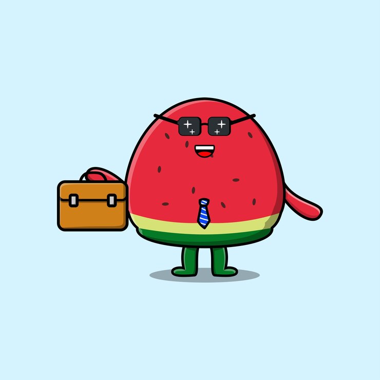 Vector 가방 일러스트를 들고 귀여운 만화 수박 사업가 캐릭터