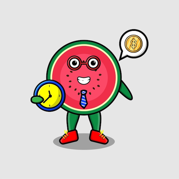 Cute cartoon watermelon character holding clock with happy expression in concept 3d cartoon style