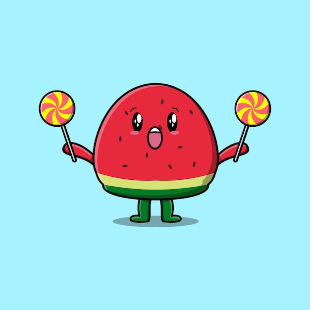 Vector cute cartoon watermelon character holding lollipop candy in flat cartoon illustration