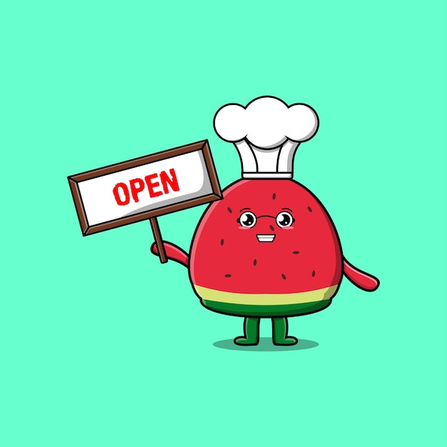 Cute cartoon watermelon character holding open sign board designs in concept flat cartoon style
