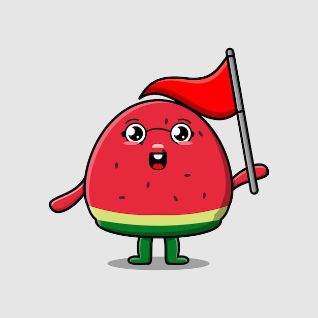 Cute cartoon watermelon character holding triangle flag in 3d modern design illustration