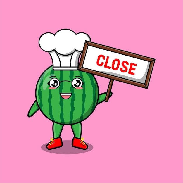 Cute cartoon watermelon chef character holding close sign designs in concept 3d cartoon style