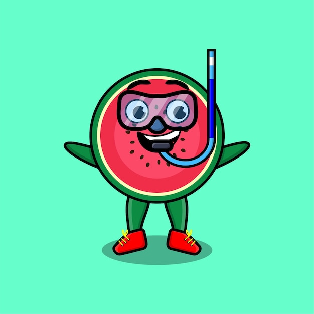 Vector cute cartoon watermelon diver with swimming glass in 3d modern style design