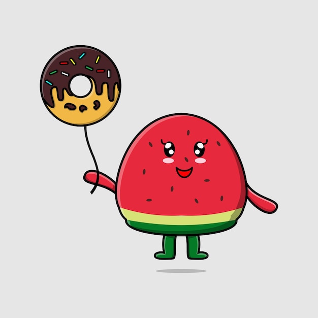 Cute cartoon watermelon floating with donuts balloon cartoon vector illustration