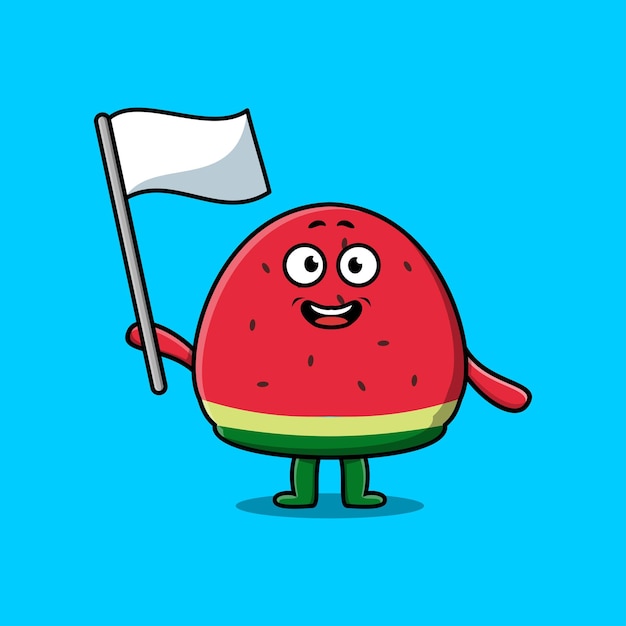 Cute cartoon watermelon mascot character with white flag in modern design illustration