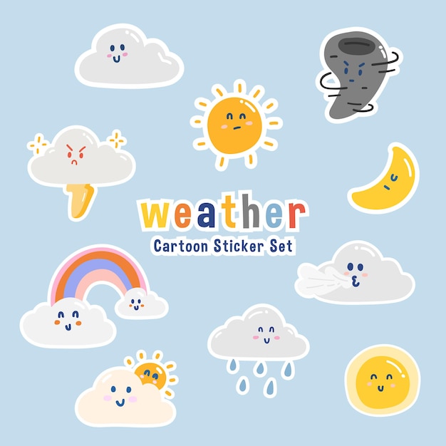 Vector cute cartoon weather character icon set cartoon and doodle characters