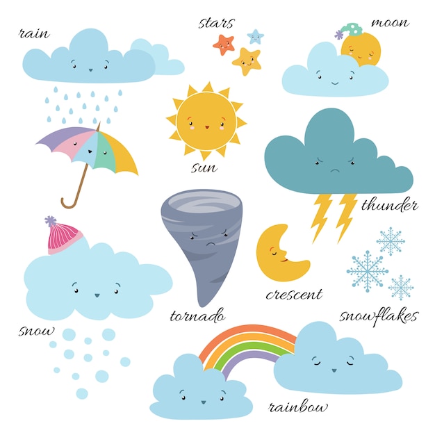 Cute cartoon weerpictogrammen. Voorspelling meteorologie vocabulaire symbolen