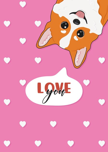 Vector cute cartoon welsh corgi with hearts and the inscription i love you happy valentines day