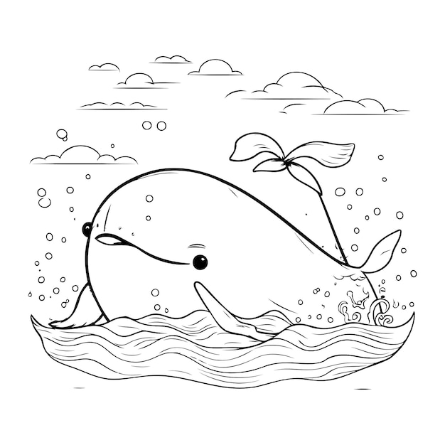 Vettore balena simpatico cartone animato nel mare illustrazione vettoriale per libro da colorare