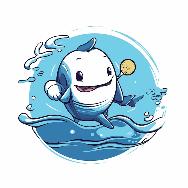 Vector cute cartoon whale with tennis racket in the water vector illustration