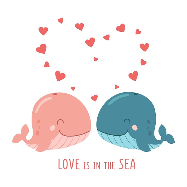 Cute cartoon whales in love Concept for Valentines Day Vector illustration