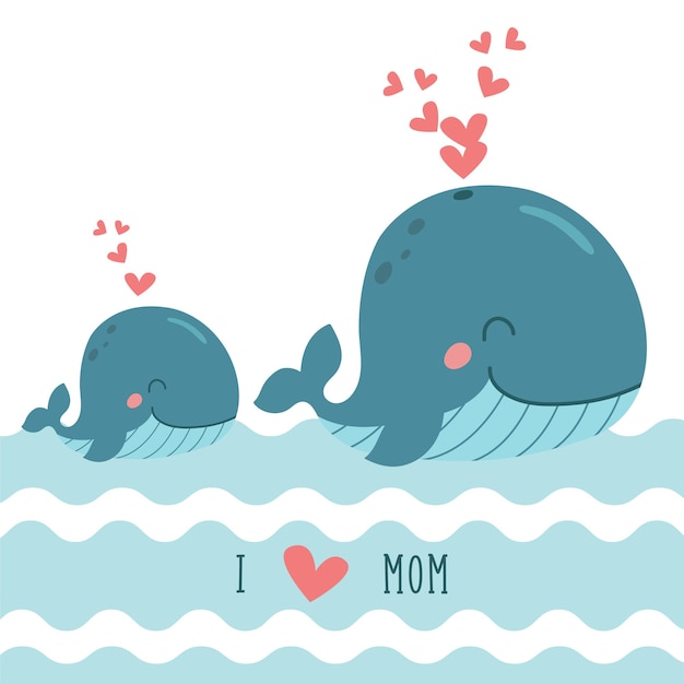 Vector cute cartoon whales mom and baby with pink hearts i love mom vector illustration