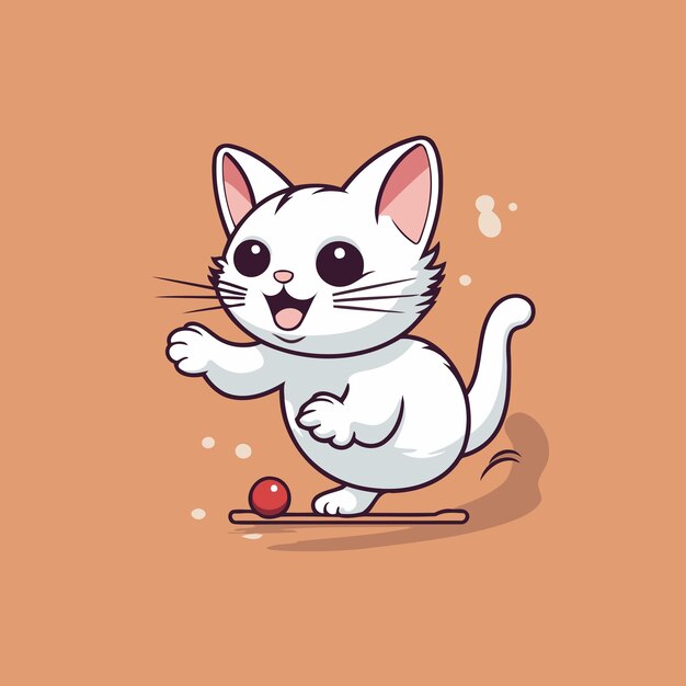 Vector cute cartoon white cat playing with a red ball vector illustration