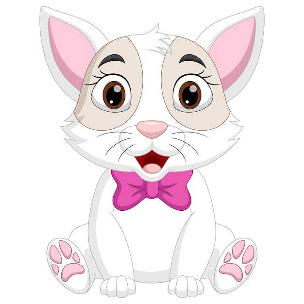 Vector cute cartoon white cat wearing a pink ribbon