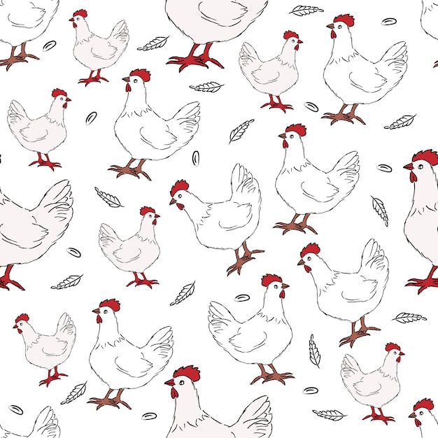 Simpatico cartone animato pollo bianco modello senza cuciture gallina a piedi tema animali da fattoria illustrazione vettoriale piatta su sfondo bianco