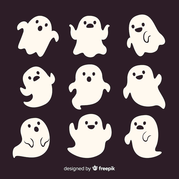 Vector cute cartoon white smiley halloween ghosts