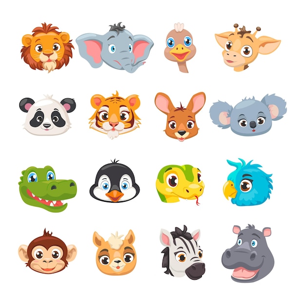 Vector cute cartoon wild animal heads