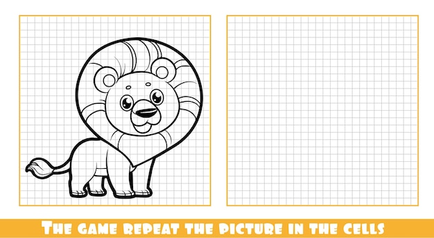 귀여운 만화 야생 사자 스탠드는 게임을 설명하고 세포의 그림을 반복합니다.